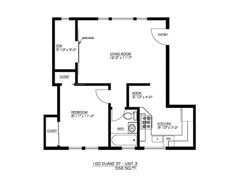 Floor plan for 1 bed, 1 bath, 588 sqft